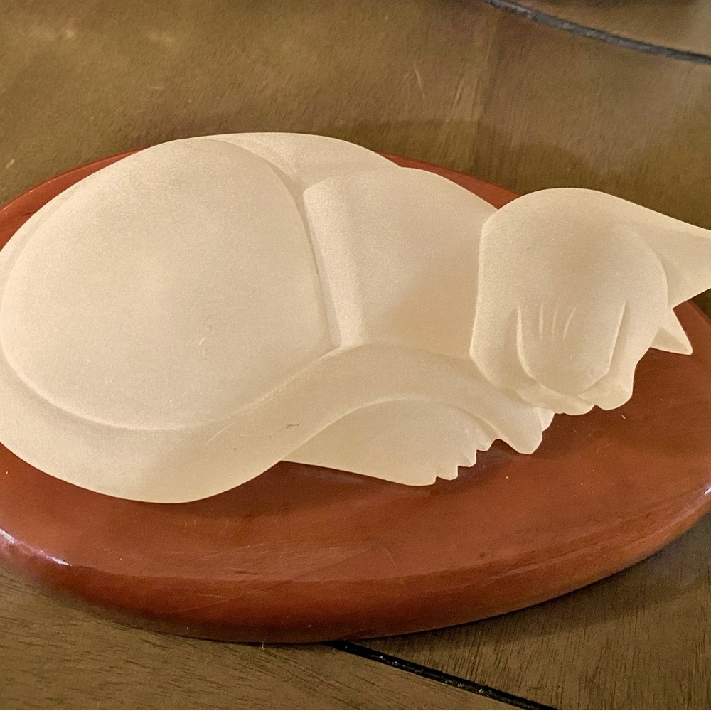 Sleeping Cat Figure in Resin on Wooden base Signed